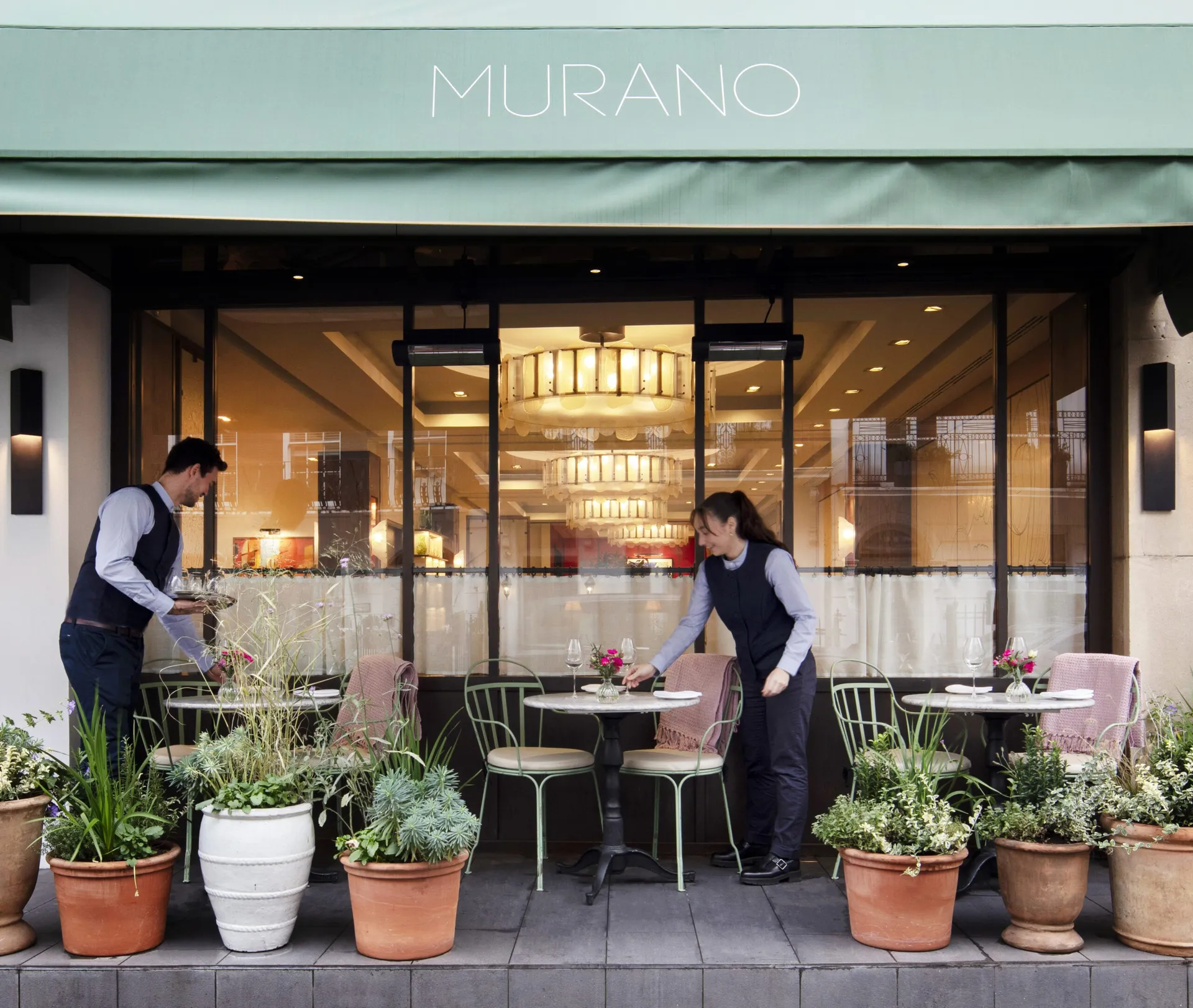 The Murano Mayfair frontage and outdoor dining terrace